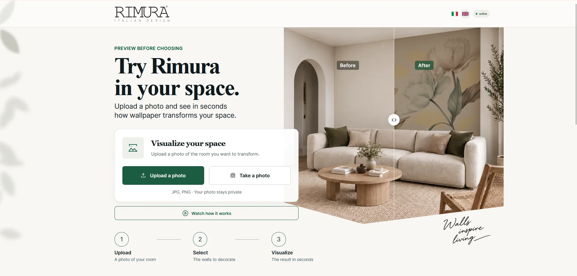 Rimura simulator home screen: upload a photo, take one or choose a room